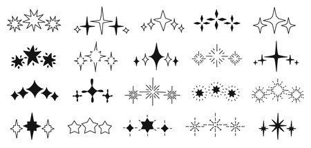 Hand drawn sparks. Decorative doodle shining starburst, twinkling three and five stars shapes in row. Festive sparkling bursts vector icons setのイラスト素材