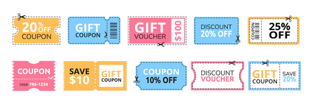 Discount offer coupon. Gift voucher or sale ticket template with cutting dashed lines and scissors icon. Shopping savings promotion coupons vector setのイラスト素材