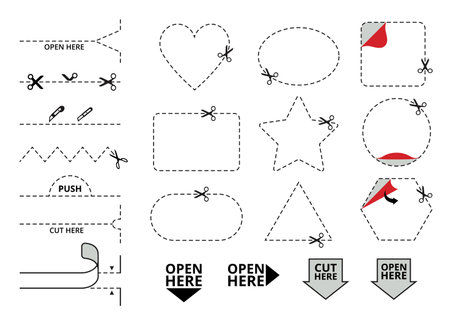 Dashed cut lines. Cut here icon, peel corner stickers and open here labels. Cutting coupon frame template with scissors and tear stripe vector setのイラスト素材
