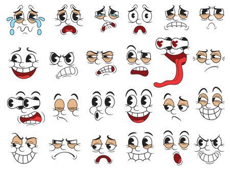 Retro cartoon faces. Funny 30s mascot character facial expressions, emotions and reactions with pie eyes for rubber hose style characters design. Isolated vector illustration setのイラスト素材
