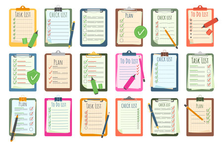 Planning clipboards. Task checklists and To Do lists with pen, pencil or markers. Productivity plan list, interview checklist and work progress boards cartoon vector illustration setのイラスト素材