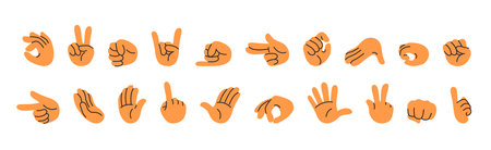 Doodle hands gestures. Hand signs for pointing finger, holding, pinch, punching fist and waving hand...