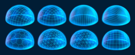 Wireframe dome shields. Secure protection field, digital holographic domes and glowing 3D hemisphere grids. Bubble cover and futuristic safety barrier with glow effect vector setのイラスト素材