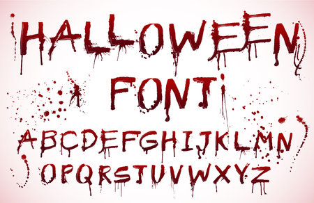 Halloween blood font. Spooky dripping alphabet, bloody text with creepy splatters and drips. Grunge colapen lettering horror themed typeface letters vector setのイラスト素材