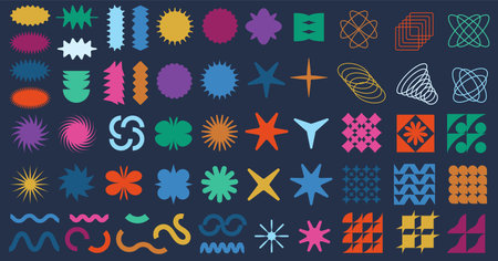 Abstract geometric shapes. Brutalist badge, minimalist figures, star sticker shape, patterns and wave line forms. Brutal Swiss design trendy aesthetic vector elements setのイラスト素材