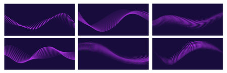 Flowing dots arranged in wavy patterns, showcasing a halftone gradient in shades of purple against a dark backgroundのイラスト素材