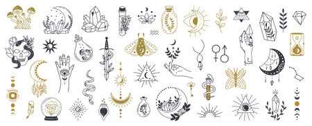Witchcraft symbols that encompass a variety of mystical elements. Each design reflects themes of nature, magic, and spirituality, perfect for creative projectsのイラスト素材