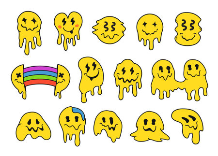 Trippy smile faces. Drippy melted emoji face, funny blob sticker and happy psychedelic facial expressions. Dripping smiles in retro acid rave aesthetic isolated vector illustration setのイラスト素材