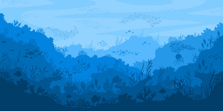 Underwater silhouette landscape. Abstract layered blue ocean coral reef with marine life, aquatic plants, fish shoals and jellyfish. Background vector illustrationのイラスト素材