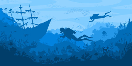 Diving silhouette landscape. Underwater adventure with scuba divers exploring marine life, sunken ship and coral reef. Deep sea exploration layered aquarium background vector illustrationのイラスト素材