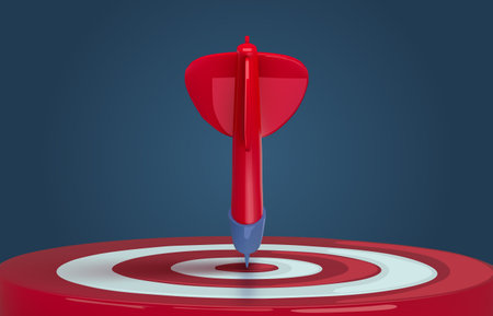 Dart hitting bullseye target. Direct targeting, aim focus and precision in competition. Business success and goal achievement concept 3D vector illustrationのイラスト素材