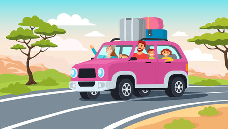 Family car travel. Road trip adventure, happy family with children enjoying vacation drive in SUV with luggage on roof. Cartoon summer holiday, lifestyle vector illustrationのイラスト素材