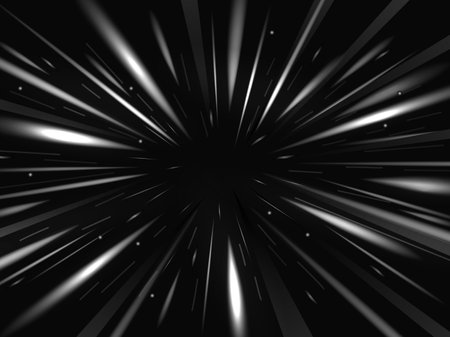 Star warp background. Dynamic stars light streaks of fast speed motion through space, hyper jump or hyperspace visual effect. Radial zoom effect abstract vector illustrationのイラスト素材