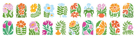 Abstract floral arch. Hand drawn botanical flowers, groovy plants with blooming flower, wavy leaves and decorative vases. Playful retro springtime doodle vector illustration setのイラスト素材