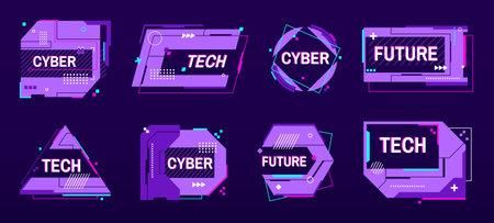 Tech banner frames. Cyber futuristic labels and digital glitch badge templates with abstract sci fi text boxes and hi tech design elements. Glitched label layouts vector setのイラスト素材