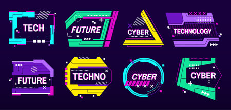 Cyber banner frames. Futuristic tech label and sci fi text box templates with glitchy digital frame for techno or gaming styled design. Geometric future themed layouts vector setのイラスト素材