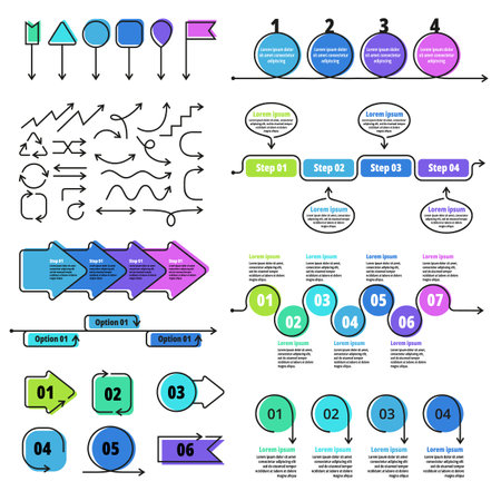 Arrow infographic elements. Step by step guide, timeline and process diagram templates and graphics with arrows, numbered options and pointers vector setのイラスト素材