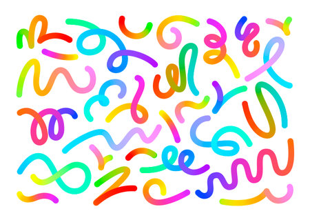 Gradient line. Colorful swirling curves, vibrant abstract wavy shapes and dynamic curved forms with fluid color blend transition. Artistic flow lines isolated vector elements setのイラスト素材