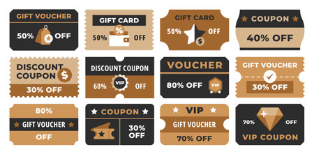 Gift cards templates. Discount coupon, gift voucher and VIP passes. Promotional card design layouts for sales, special offers and rewards programs vector setのイラスト素材