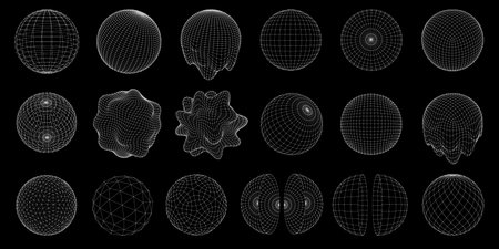 Wireframe 3D sphere mesh grid. Digital ball, abstract circle, distorted and melted geometric spheres with dots connected by lines. Cyber globe and spherical dome vector objects setのイラスト素材