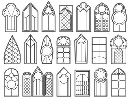 Outline gothic windows. Stained glass templates, arched shapes and geometric window decorative frames. Minimalist linear church glass art designs vector setのイラスト素材