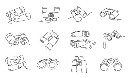 Continuous one line binoculars. Hand drawn adventure binocular in different angles, field glasses with zoom lenses for outdoor observation and exploration activities. Minimalist linear vector setのイラスト素材