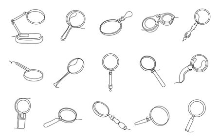 Continuous one line magnifying glasses. Minimalist linear magnifiers, antique magnifying lens search icon, hand drawn monocle and explorer glass vector setのイラスト素材