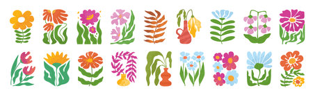 Abstract rectangle flowers. Decorative blooming plant and spring flower motifs, floral arrangements with leaves. Hand drawn botanical textured vector illustrations setのイラスト素材