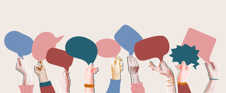 Community opinions collage. Raised hands holding speech bubbles, customers feedback and social discussion concept mixed media halftone vector illustrationのイラスト素材