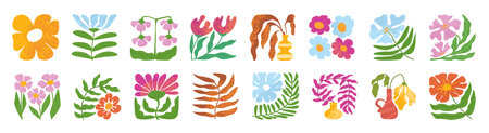 Abstract square flowers. Colorful blooming plant and textured flower motifs. Modern floral tile designs with hand drawn leaves. Botanical vector illustrations setのイラスト素材