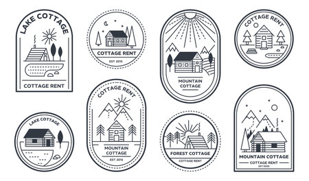 Cottage emblems. Vintage cabin retreats, outdoor getaways and countryside vacation branding badges with lake, forest, and mountain cottages. Nature tourism vector templates setのイラスト素材
