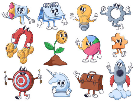 Startup mascots. Cartoon business characters of megaphone, calendar, idea light bulb, gear, money magnet, coin plant, pie chart, puzzle piece, target, unicorn, briefcase and rocket launch vector setのイラスト素材