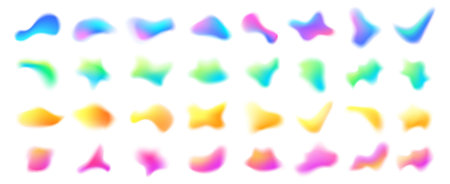 Blurred gradient shape. Gradient mesh colorful liquid blobs, 3D fluid blur spot and dynamic color glow. Abstract blob shapes with smooth blended colors isolated vector setのイラスト素材