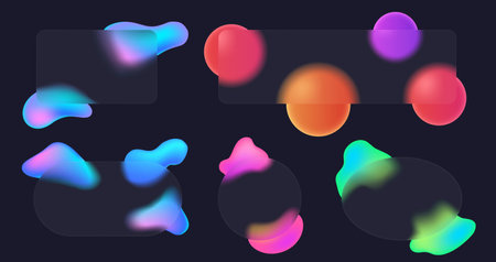 Glassmorphism frames. Translucent glass panels with colorful fluid shape gradient and blurry overlay effect. Semi transparent backgrounds with fluid design elements vector setのイラスト素材