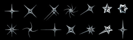 Liquid chrome star icons. Shiny starburst shapes, metallic Y2K spark, retro futuristic glossy 3D stars with liquid metal effect isolated vector elements setのイラスト素材