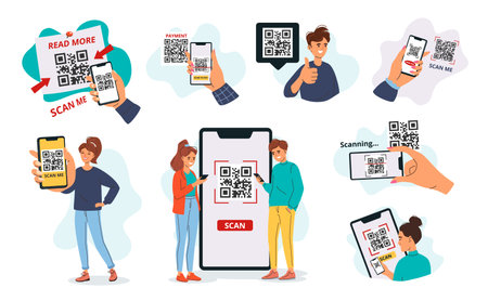 QR code frames with people. Cartoon characters using smartphones to scan qr codes, mobile scanning process and scan me templates with phone in hand. Vector illustrations setのイラスト素材