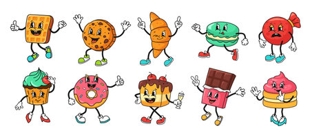 Retro dessert character. Cartoon sweets mascots, smiling cookie, playful waffle, croissant and tasty macaron. Cute cupcake, funny donut, chocolate bar and cake, rubber hose style vector setのイラスト素材