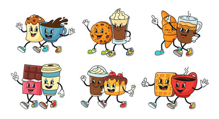 Cartoon coffee and dessert couples. Retro mascot pairs of sweets and coffee cups. Espresso and croissant, chocolate bar and cake with coffee to go, waffle and cookie with drinks vector setのイラスト素材