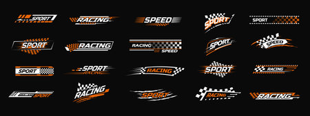Racing sport decal. Speed sticker stripes, car racing branding with checkered flag and fast lines. Rally racing championship, motorsport tournament or automotive tuning decals vector setのイラスト素材