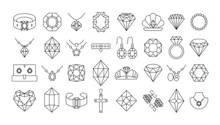 Linear jewelry icons. Outlined gemstone rings, crystal earrings, diamond necklaces and luxury geometric gems. Elegant line art precious stones and accessories vector set with editable stroke pathsのイラスト素材