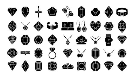 Stencil jewelry icons. Geometric diamond and gemstone shapes, wedding rings, luxury necklaces, bracelets and earrings. Gems and accessories minimalist vector setのイラスト素材