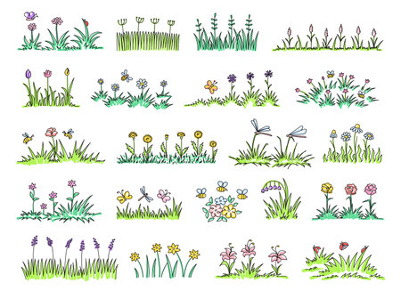 Hand drawn spring grass tufts. Colorful garden doodles of grass patches with blooming field flowers and flying insects. Meadow greenery isolated vector setのイラスト素材