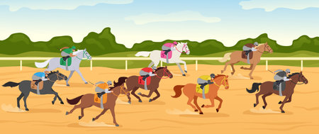 Cartoon hippodrome competition. Horse race track with jockey riding horses, equestrian sport and horse riders compete. Fast galloping tournament vector illustrationのイラスト素材