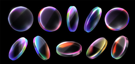 Holographic glass circle. Iridescent lens, colorful transparent disk and crystal rainbow plate. Transparency effect glass circles with gradient light refraction 3D isolated vector setのイラスト素材