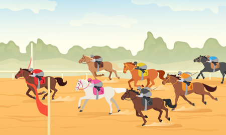Horse race finish line. Equestrian sport competition winner crossing red ribbon, hippodrome championship and jockey tournament victory cartoon vector illustrationのイラスト素材