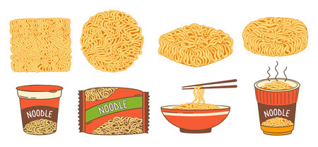 Instant noodles. Dried noodle blocks and fast food packaging, quick ramen meal in cup and bowl with chopsticks. Asian fast food noodles hand drawn isolated vector illustration setのイラスト素材