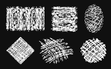 Hatched shapes. Chalk scribble square, crayon scrawl oval, charcoal strokes sketched circle, hand drawn rectangle, shabby rhombus with freehand strokes and cross hatched texture vector backgrounds setのイラスト素材