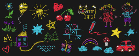 Kids crayon doodle drawings. Hand drawn flower, chalk textured sun, rainbow and cloud, scribble house sketch, pastel car and cat kids art. Chalkboard drawing vector setのイラスト素材