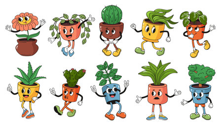 Retro cartoon potted plant characters. Groovy houseplant mascots, smiling flower, funny pot with cactus and succulent with smiling face. Home garden plants rubber hose style vector illustration setのイラスト素材
