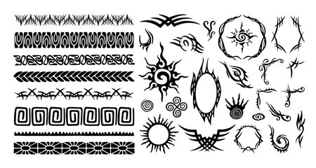 Tribal tattoo borders and frames. Polynesian abstract shapes, ethnic ornament pattern lines, sun and eye symbols and decorative corners. Streetwear sigilism vector setのイラスト素材